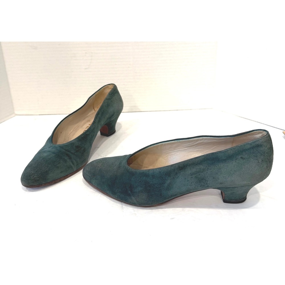 Chanel Green Suede‎ Perforated Almond Toe Low Heel Slip On Pumps Sz 6.5